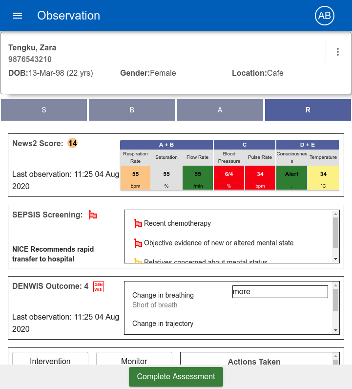 The completed assessment summary - NEWS2 score, sepsis screening outcome with NICE escalation guidance, and DENWIS outcome on one screen