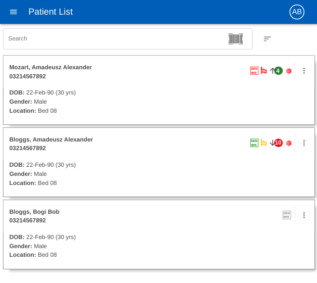 The patient list - each row carries NEWS2 score and trend, DENWIS status, sepsis flags and COVID-19 screening state (demonstration patients)