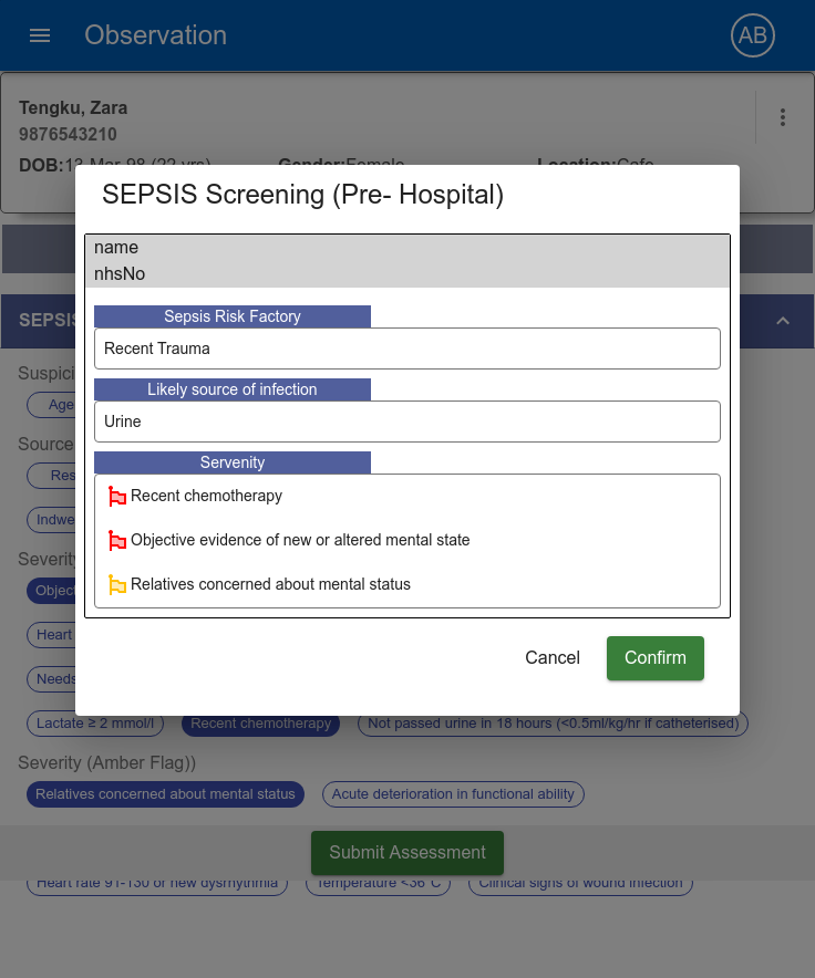 Sepsis screening - risk factors, likely source of infection and severity flags before confirmation